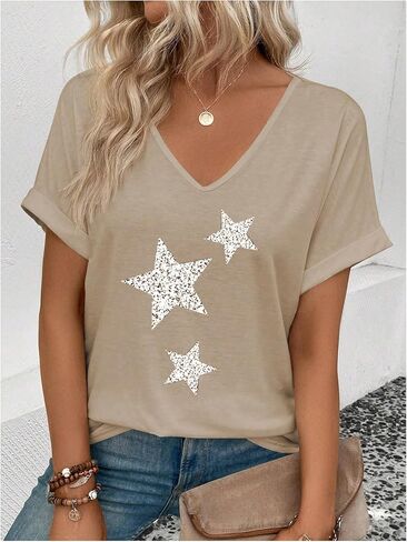 SweatyRocks Women's V Neck Dolman Short Sleeve Star Print Tee Shirts Summer Tops in Saudi Arabia