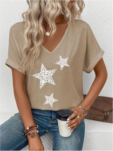 SweatyRocks Women's V Neck Dolman Short Sleeve Star Print Tee Shirts Summer Tops in Saudi Arabia