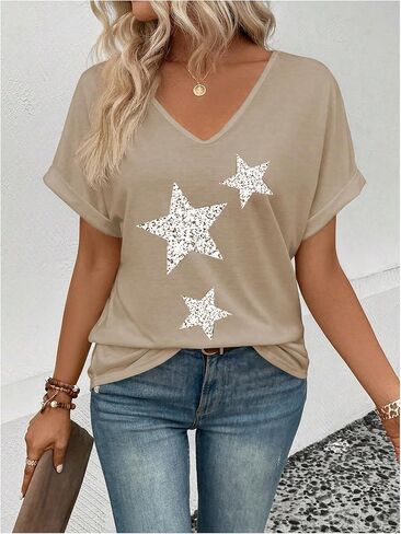 SweatyRocks Women's V Neck Dolman Short Sleeve Star Print Tee Shirts Summer Tops in Saudi Arabia