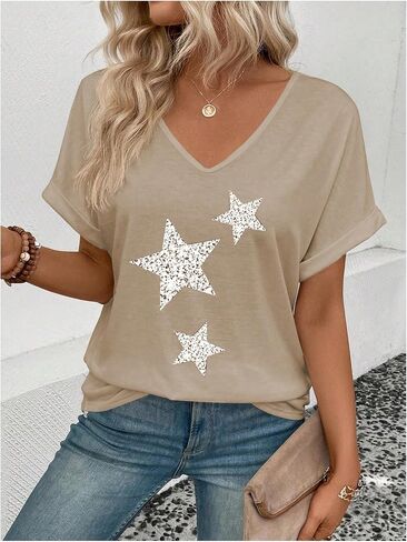 SweatyRocks Women's V Neck Dolman Short Sleeve Star Print Tee Shirts Summer Tops in Saudi Arabia
