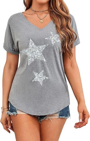 SweatyRocks Women's V Neck Dolman Short Sleeve Star Print Tee Shirts Summer Tops in Saudi Arabia