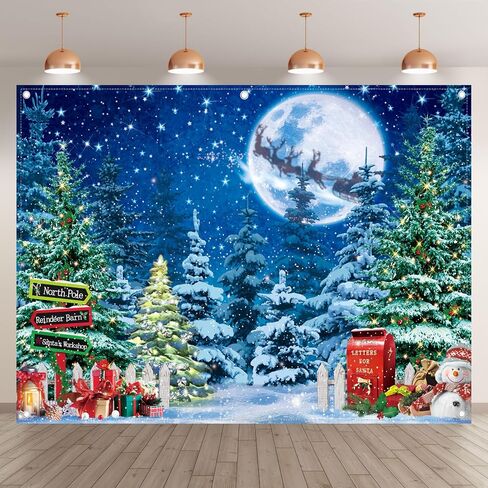 10x8ft North Pole Photography Backdrop Christmas Winter Scene Night Snow Background Xmas Tree Fairytale Forest Photo Supplies Shooting Banner in Saudi Arabia