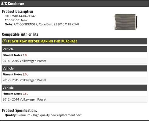 A/C Condenser - Compatible with 2012-2015 Volkswagen Passat in Saudi Arabia