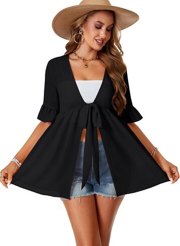LYANER Women's V Neck Flounce Half Sleeve Tie Knot Front Coverup Beach Cardigan Blouse in Saudi Arabia