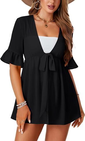 LYANER Women's V Neck Flounce Half Sleeve Tie Knot Front Coverup Beach Cardigan Blouse in Saudi Arabia