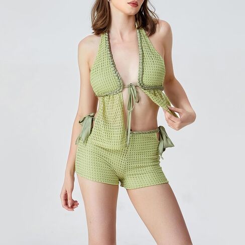 Bhmawsrt Women Boho 2 قطعة ملابس الكروشيه متبكى y2k halter tops tops up ant-up tops +shorts cover up up in Kuwait