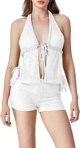 Bhmawsrt Women Boho 2 قطعة ملابس الكروشيه متبكى y2k halter tops tops up ant-up tops +shorts cover up up in Kuwait