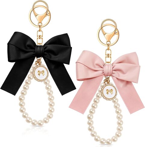 Bow keychain pink bow charm pearl wristlet keyring keyring keykain for women rase bag Charm in Saudi Arabia