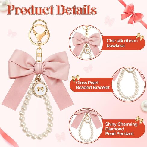 Bow keychain pink bow charm pearl wristlet keyring keyring keykain for women rase bag Charm in Saudi Arabia