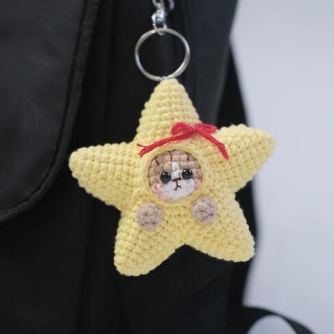 Cute crochet cat yellow star keychain meme funny aesthetic for car keys accessories backpack and men women girls boyfriend couples gifts decoration in Saudi Arabia