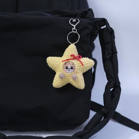 Cute crochet cat yellow star keychain meme funny aesthetic for car keys accessories backpack and men women girls boyfriend couples gifts decoration in Saudi Arabia