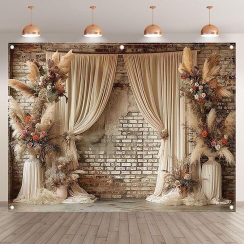 7x5ft Fabric Digital Printing Boho Floral Wedding Backdrop Pampas Grass Curtain Photography Background Bridal Shower Party Decoration Photo Banner in Saudi Arabia
