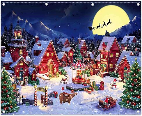 ZTHMOE Fabric 7x5ft Cartoon Christmas Village Photography Backdrop Winter Night Xmas Tree Santa Claus Background Holiday Party Decorations Photo Banner Props in Saudi Arabia