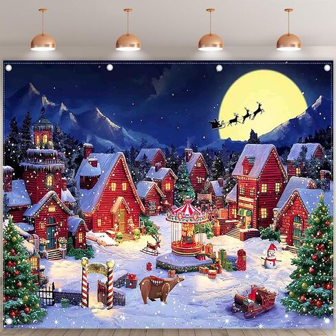 ZTHMOE Fabric 7x5ft Cartoon Christmas Village Photography Backdrop Winter Night Xmas Tree Santa Claus Background Holiday Party Decorations Photo Banner Props in Saudi Arabia