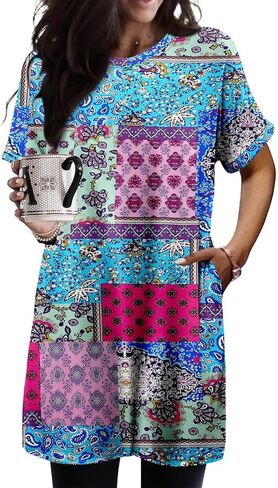 KISSMODA Women's Tunics or Tops to Wear with Leggings Short Sleeve Casual Long Tunics with Pockets T Shirts Loose S-3XL in Kuwait