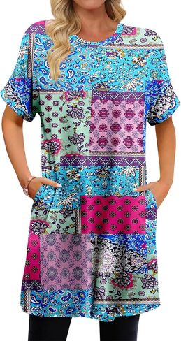 KISSMODA Women's Tunics or Tops to Wear with Leggings Short Sleeve Casual Long Tunics with Pockets T Shirts Loose S-3XL in Kuwait