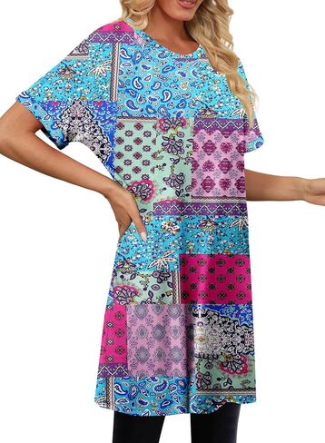 KISSMODA Women's Tunics or Tops to Wear with Leggings Short Sleeve Casual Long Tunics with Pockets T Shirts Loose S-3XL in Kuwait