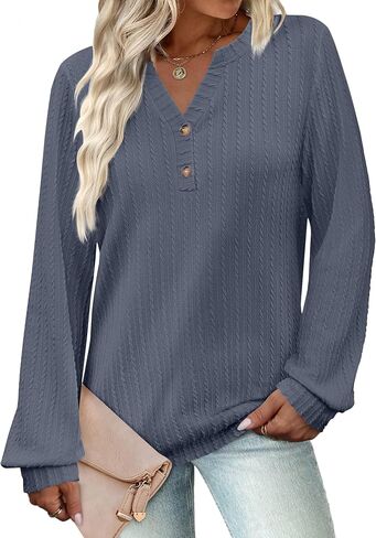 Women's Long Sleeve V Neck Henley Shirts Textured Lightweight Tunic Sweaters Dressy Casual Tops 2025 Fall Blouses in Kuwait