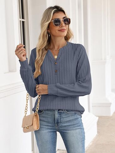 Women's Long Sleeve V Neck Henley Shirts Textured Lightweight Tunic Sweaters Dressy Casual Tops 2025 Fall Blouses in Kuwait
