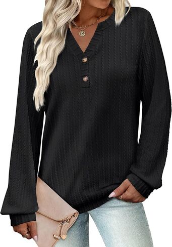 Women's Long Sleeve V Neck Henley Shirts Textured Lightweight Tunic Sweaters Dressy Casual Tops 2025 Fall Blouses in Kuwait