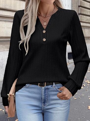 Women's Long Sleeve V Neck Henley Shirts Textured Lightweight Tunic Sweaters Dressy Casual Tops 2025 Fall Blouses in Kuwait