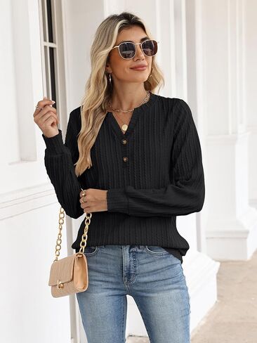 Women's Long Sleeve V Neck Henley Shirts Textured Lightweight Tunic Sweaters Dressy Casual Tops 2025 Fall Blouses in Kuwait