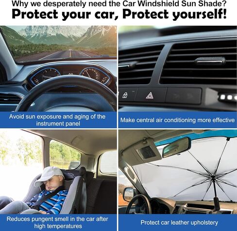 Riakrum Car Windshield Sun Shade Umbrella Foldable UV Ray Windshield Sun Shade Car Front Window Sunshade Keep Vehicle Cool Heat Reflector, Fit Windshield of Various Size in Saudi Arabia