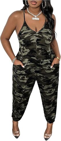 WDIRARA Women's Plus Size Camo Cami Jumpsuit Deep V Neck Sleeveless Pants Romper with Pockets in Saudi Arabia