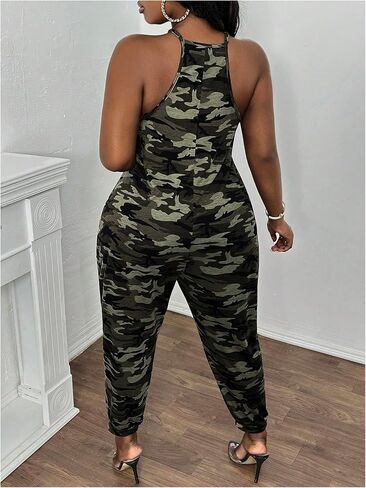 WDIRARA Women's Plus Size Camo Cami Jumpsuit Deep V Neck Sleeveless Pants Romper with Pockets in Saudi Arabia