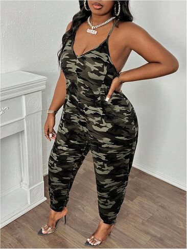 WDIRARA Women's Plus Size Camo Cami Jumpsuit Deep V Neck Sleeveless Pants Romper with Pockets in Saudi Arabia