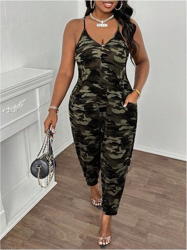 WDIRARA Women's Plus Size Camo Cami Jumpsuit Deep V Neck Sleeveless Pants Romper with Pockets in Saudi Arabia