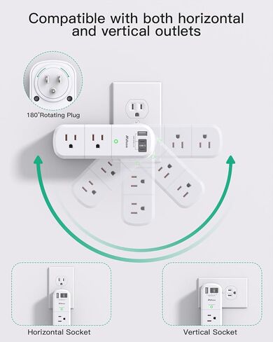 موسع منفذ مع قابس دوار، 6 منافذ تيار متردد مع منافذ شحن USB، محور شاحن USB C متعدد المقابس، واقي غير من زيادة التيار، سلك تمديد غير قابل للتمديد، أساسيات السفر لسفينة الرحلات البحرية in Kuwait