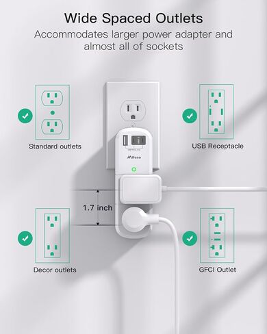 موسع منفذ مع قابس دوار، 6 منافذ تيار متردد مع منافذ شحن USB، محور شاحن USB C متعدد المقابس، واقي غير من زيادة التيار، سلك تمديد غير قابل للتمديد، أساسيات السفر لسفينة الرحلات البحرية in Kuwait