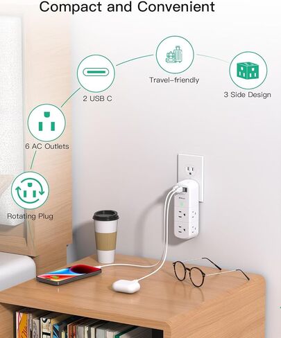موسع منفذ مع قابس دوار، 6 منافذ تيار متردد مع منافذ شحن USB، محور شاحن USB C متعدد المقابس، واقي غير من زيادة التيار، سلك تمديد غير قابل للتمديد، أساسيات السفر لسفينة الرحلات البحرية in Kuwait