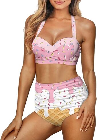 Women Two Piece Swimsuit High Waisted Push Up Bikini Sets Tummy Control Bathing Suit Plus Size Halter Swimwear S-2XL in Kuwait