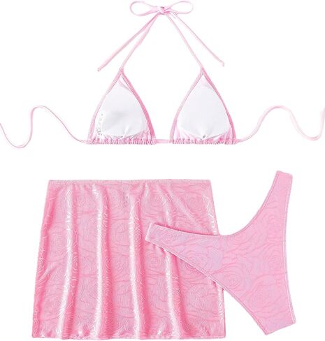 WDIRARA Women's 3 Piece Floral Print Swimwear Halter Neck Triangle Tie Back Bikini Set with Skirt Beach Wear in Saudi Arabia