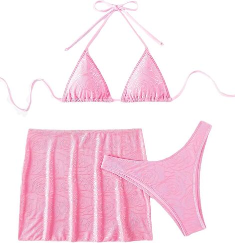 WDIRARA Women's 3 Piece Floral Print Swimwear Halter Neck Triangle Tie Back Bikini Set with Skirt Beach Wear in Saudi Arabia