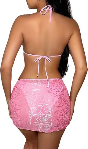 WDIRARA Women's 3 Piece Floral Print Swimwear Halter Neck Triangle Tie Back Bikini Set with Skirt Beach Wear in Saudi Arabia