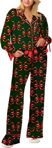 Thopavenoir Bow Pajamas مجموعة للنساء 2 قطعة صالة مجموعة y2k الفتيات اللطيف ملابس مجموعة طويلة الأكمام قميص القوس طباعة سروال in Kuwait