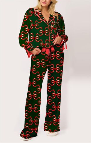 Thopavenoir Bow Pajamas مجموعة للنساء 2 قطعة صالة مجموعة y2k الفتيات اللطيف ملابس مجموعة طويلة الأكمام قميص القوس طباعة سروال in Kuwait