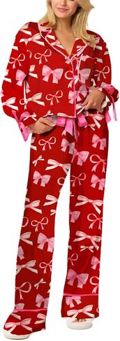 Thopavenoir Bow Pajamas مجموعة للنساء 2 قطعة صالة مجموعة y2k الفتيات اللطيف ملابس مجموعة طويلة الأكمام قميص القوس طباعة سروال in Kuwait