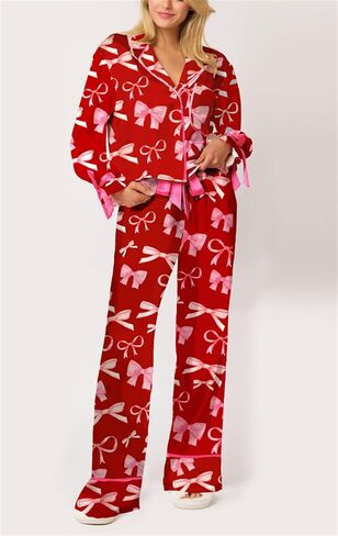 Thopavenoir Bow Pajamas مجموعة للنساء 2 قطعة صالة مجموعة y2k الفتيات اللطيف ملابس مجموعة طويلة الأكمام قميص القوس طباعة سروال in Kuwait