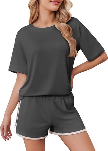 Ekouaer Soft Pajamas set for Women Loose Lounge Set Crew Neck T-Shirts Top and Sport Shorts Tracksuit with Pockets in Saudi Arabia