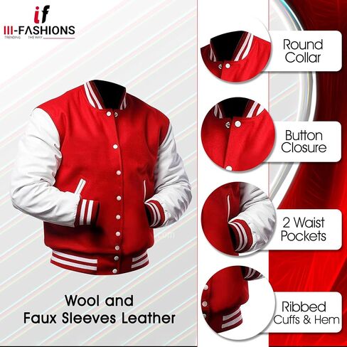College Letterman Style Varsity Jacket – Mens/Womens High School Baseball Coat Wool + Faux Leather Sleeves in Kuwait