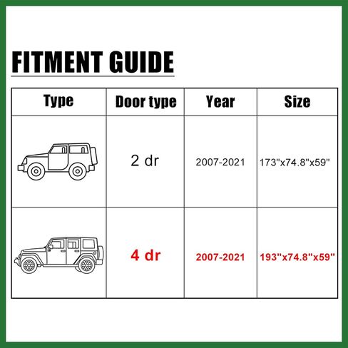 غطاء سيارة Motoforti لجيب Wrangler JK JL YJ TJ 4 Door 2007-2021 في الهواء الطلق مقاوم للماء الشمس غبار الغبار الحماية من الثلج مع باب السائق الأسود طويل الأمد in Saudi Arabia