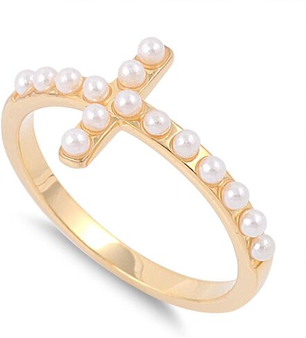 محاكاة لؤلؤة Sideway Cross Ring Silver Silver (خيارات الألوان ، الأحجام 4-13) in Kuwait