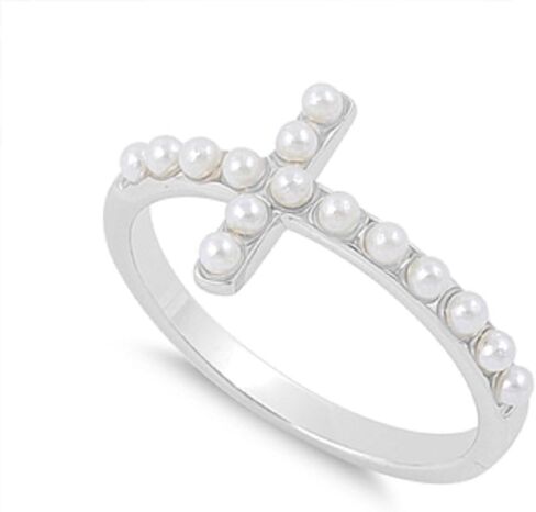 محاكاة لؤلؤة Sideway Cross Ring Silver Silver (خيارات الألوان ، الأحجام 4-13) in Kuwait