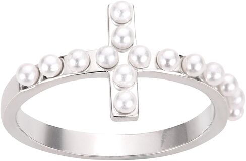 محاكاة لؤلؤة Sideway Cross Ring Silver Silver (خيارات الألوان ، الأحجام 4-13) in Kuwait