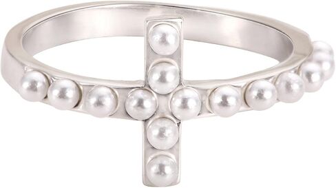 محاكاة لؤلؤة Sideway Cross Ring Silver Silver (خيارات الألوان ، الأحجام 4-13) in Kuwait