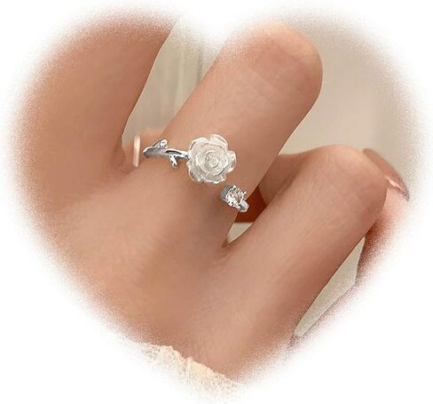 Boho White Flower Ring White Rose Knuckle Ring Rose Flower Stacking Ring Dot Crystal Finger Ring Rhinestone Open Ring Gold Adjustable Ring Jewelry for Women and Girls Gifts (Gold) in Kuwait